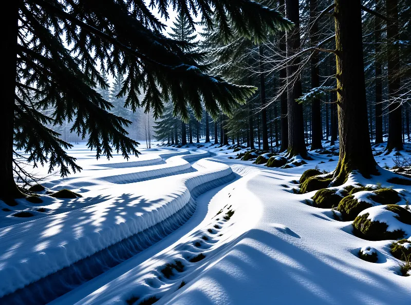 A winding trail covered in deep snow curves through a dense pine forest with sunlit terraced banks along the path.