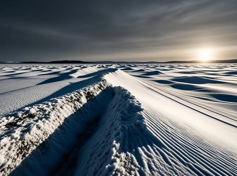 Rippled snow drifts run diagonally across a frozen plain while their troughs fill with deep blue shadow