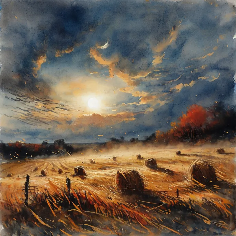 Painted scene of scattered hay bales on an autumn field, warm golden light meets dark swirling storm clouds above.