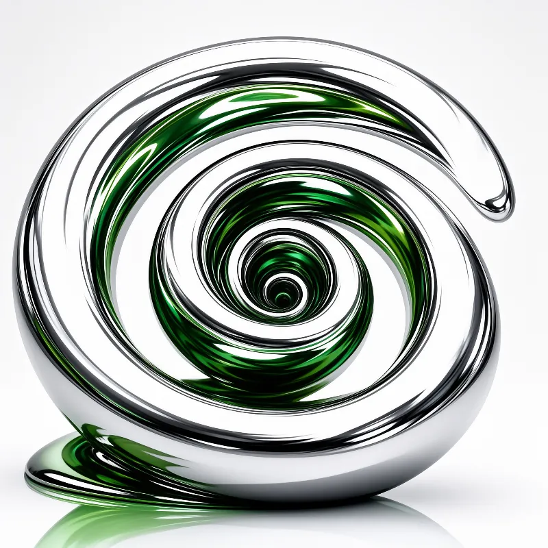 A reflective silver and emerald green spiral sculpture rests on a plain white background.
