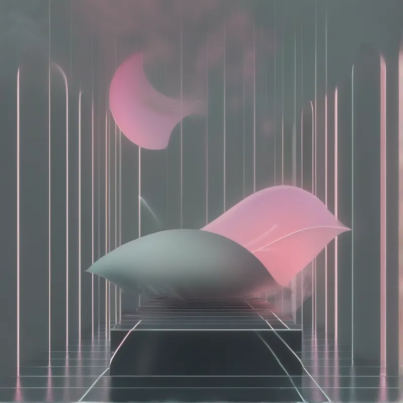 A soft pink and grey form hovers above a grid floor amidst vertical pillars and a floating crescent.