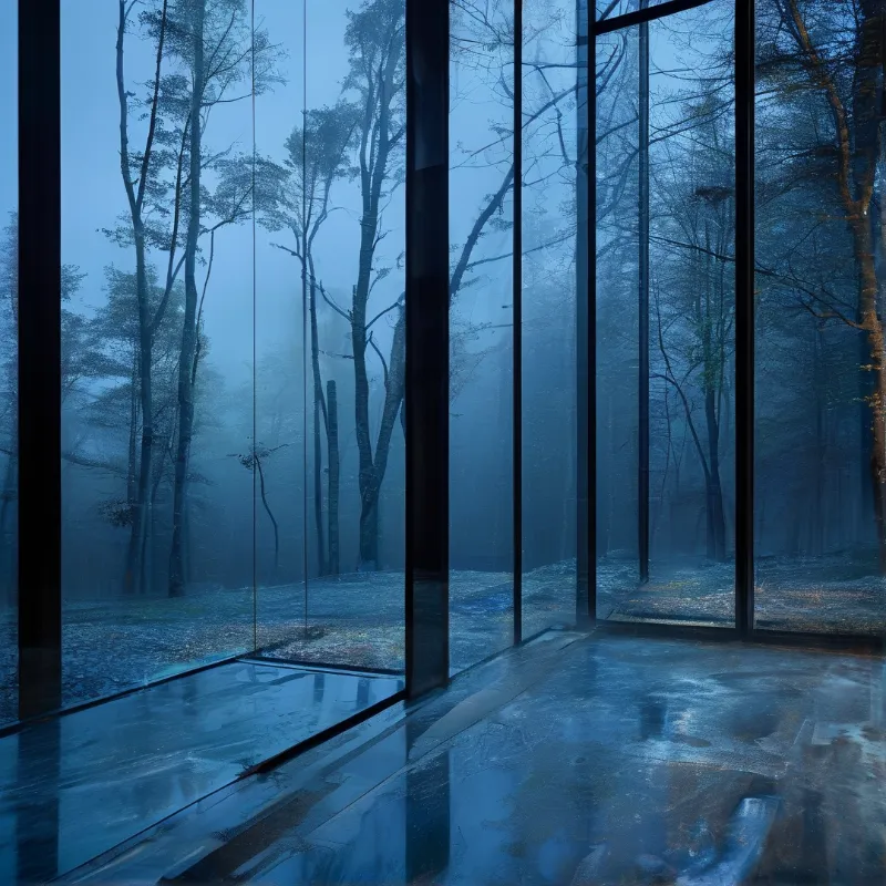 A reflective floor and dark vertical window frames enclose a view of bare trees shrouded in blue fog.