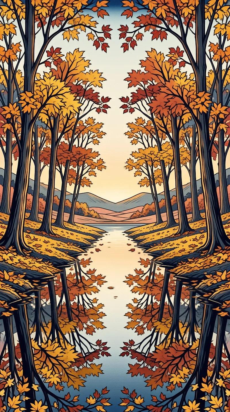 Illustrated trees with orange leaves line a river reflecting the warm sky and distant mountains.