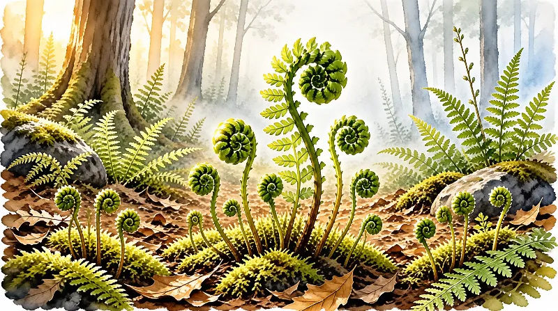 Curling green ferns emerge from mossy ground near rocks in a soft watercolor forest landscape with sunlight.