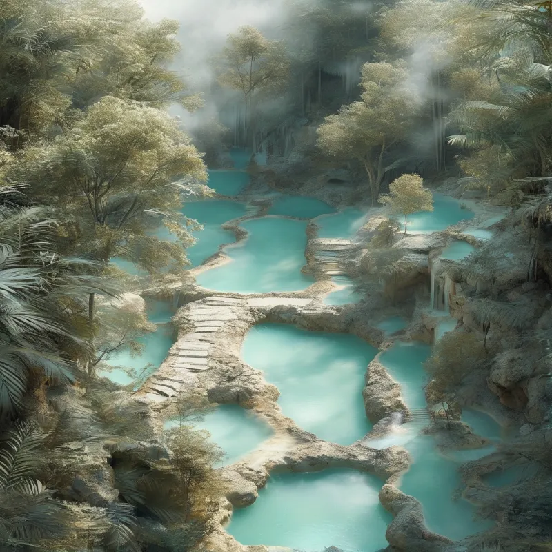 Steam drifts between mineral rimstone pools of pale teal, linked by worn stone steps and surrounded by palms.