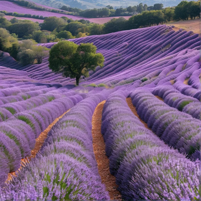A vast purple field of lavender creates wavy patterns leading toward a single green tree situated on rolling hills.