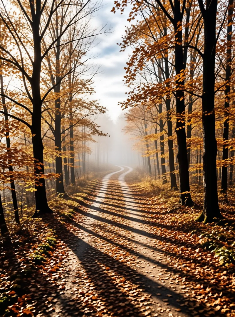 A winding dirt road cuts through a tall forest of golden trees while low fog softens the distant view.