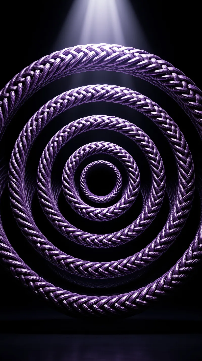 Concentric loops of woven purple metallic cord spiral inward beneath a single beam of light