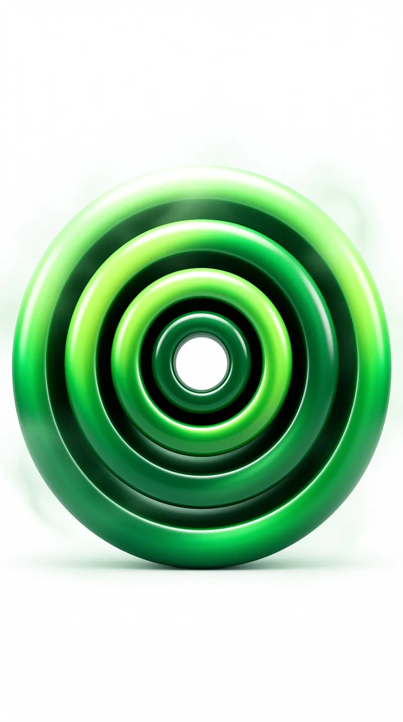 A glossy green geometric object made of nested rings sits isolated on a pure white plane.