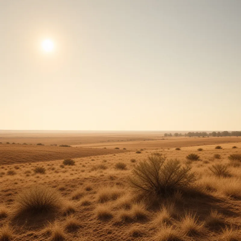 Rolling savanna of pale golden grass stretches to a hazy horizon beneath a soft glowing sun.