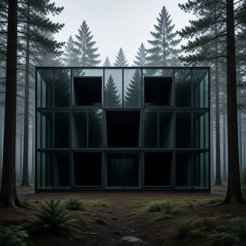 A dark framed all glass structure sits centered in a foggy pine forest with tall evergreen trees framing the sides