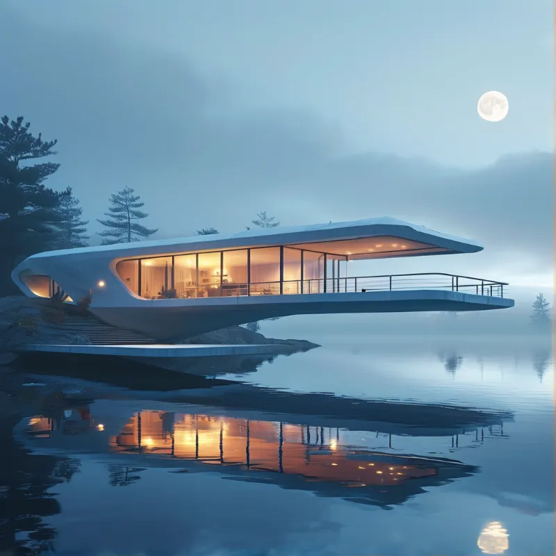 Futuristic Lake House at Night