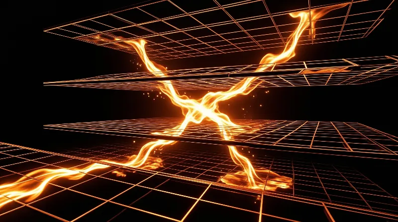 Bright orange liquid light streams across a black background with intersecting three dimensional grid planes.