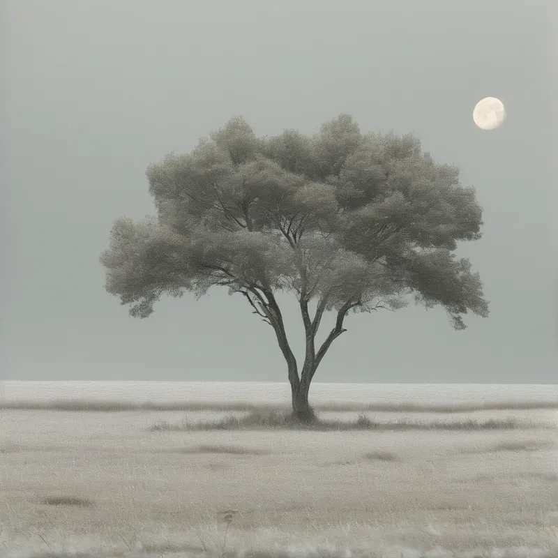 A solitary leafy tree rises from a pale fogbound meadow while a soft moon glows in a muted grey sky