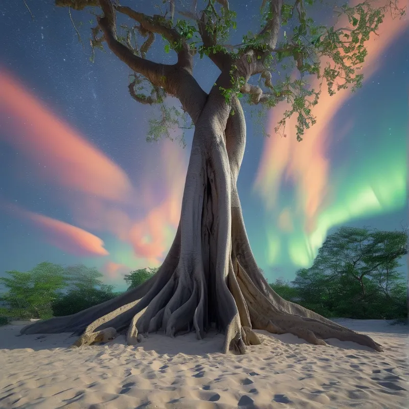Ancient Tree Under Aurora