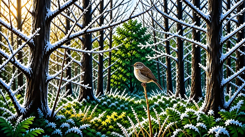 A small brown wren balances on a dry reed amid snow-dusted branches and green ferns in a cold sunlit forest.