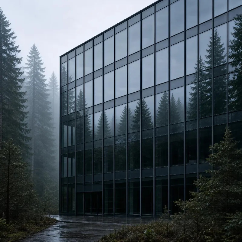 Glass Building in Misty Forest
