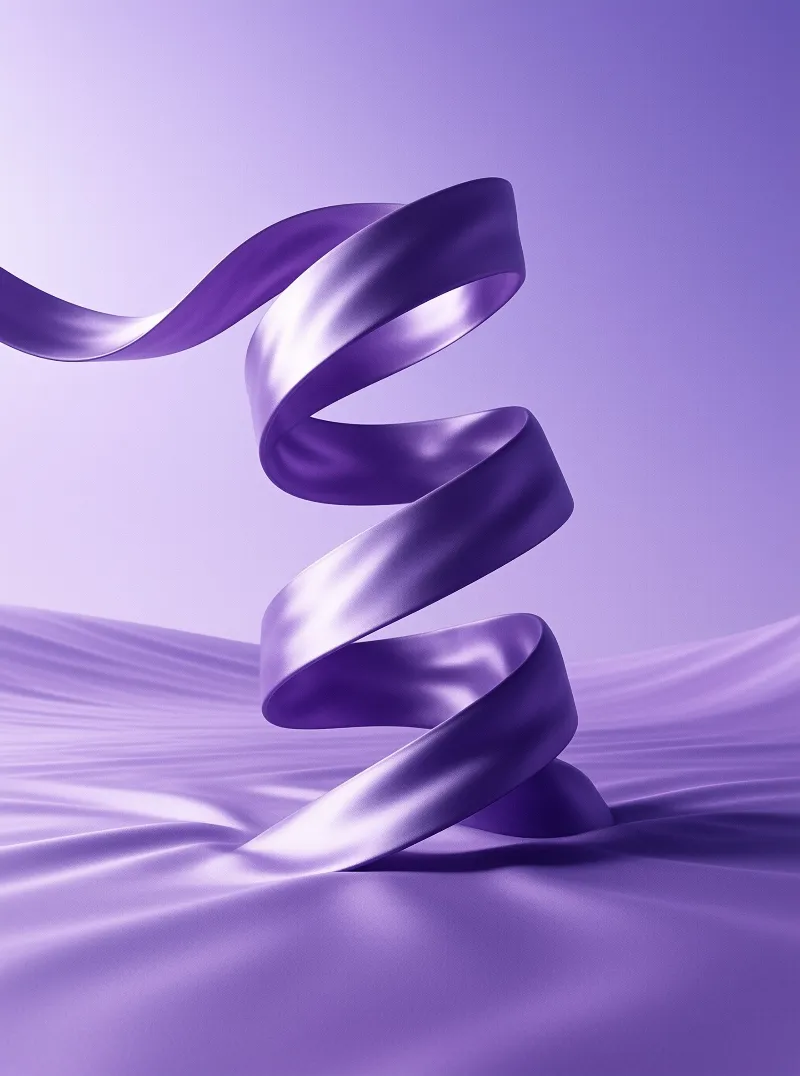 A glossy purple ribbon twists into a spiral shape above a smooth undulating surface bathed in soft violet light.