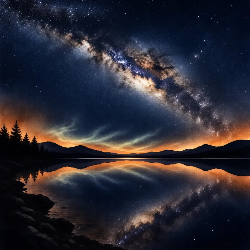 Bright stars and the galaxy stretch across a dark sky above a lake reflecting orange horizon light.