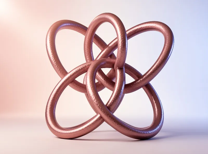 A polished rose-gold knot of interlocking rings rests on a soft studio surface that shifts from peach to pale blue.