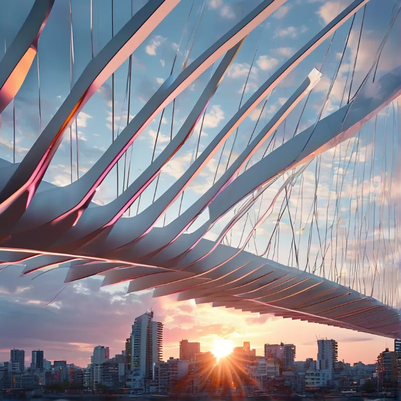 A futuristic white architectural structure with rib-like elements curves overhead against a twilight sky filled with soft pink and blue clouds while the sun bursts through a dense urban skyline below casting warm light on the metallic surfaces.
