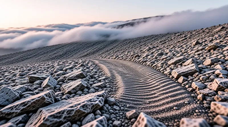 Fine ribbed dunes thread between scattered grey boulders on a high slope above a bank of soft white cloud