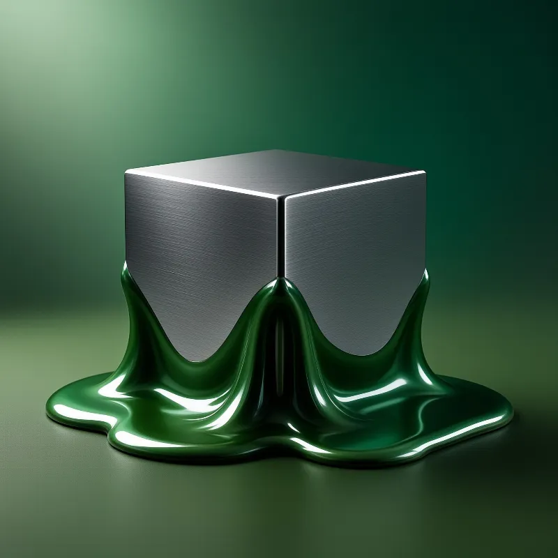 A silver metallic block sits embedded in a viscous green substance that reflects the studio lighting on a seamless surface.