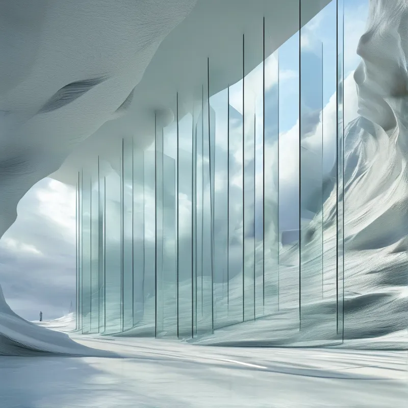 A tiny figure stands before towering translucent glass columns rising from a snowy plain beneath a bright cloudy sky.