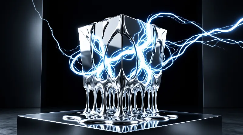 A shiny silver skull sculpture sits on a dark platform while bright blue energy swirls around its fluid surface.