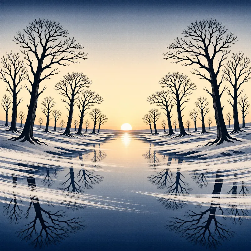 Leafless trees line snowy banks along a calm river reflecting the golden light of a low sun on the distant horizon.