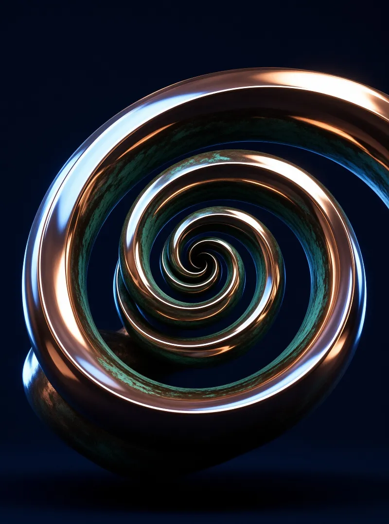 A metallic spiral coil with copper highlights curves inward against a dark blue background creating a deep perspective.