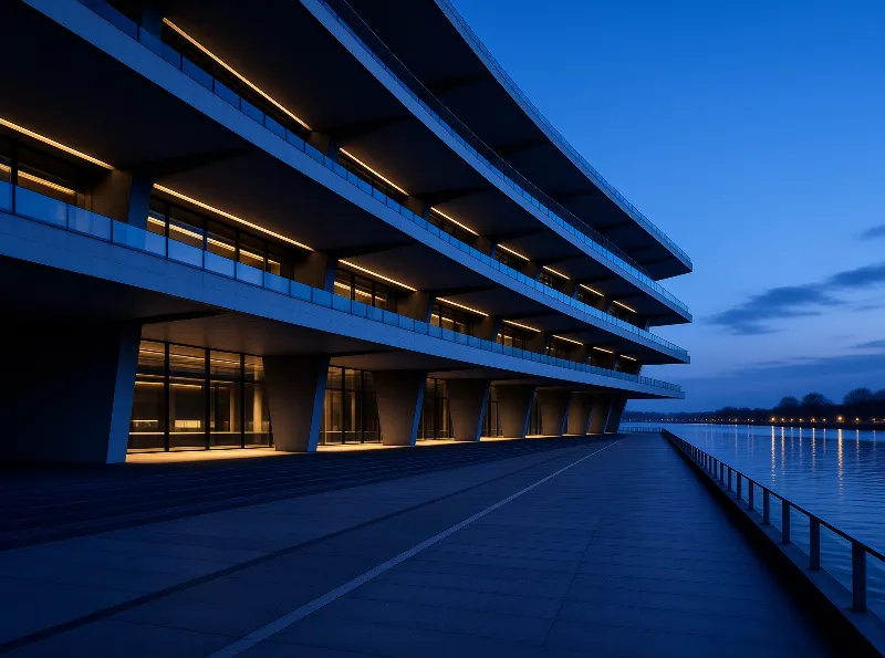A multi-story structure with illuminated balconies stands next to a paved walkway along a calm lake during twilight.