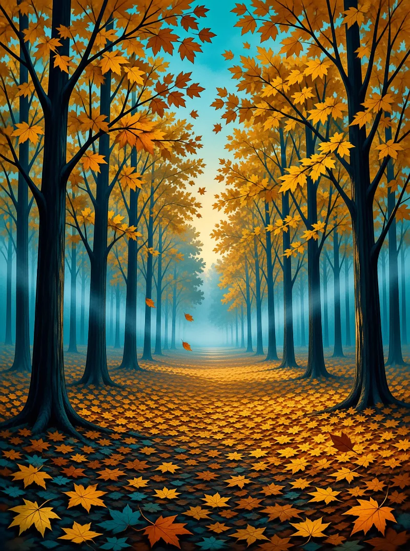 A leaf-covered trail vanishes between dark trunks and glowing amber maples in teal evening haze.
