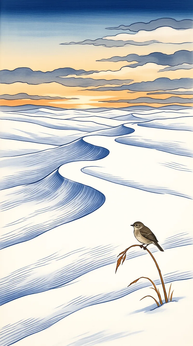 A small brown songbird perches on dry bent grass next to blue shaded rippling snow dunes under a warm orange and grey sunset sky.
