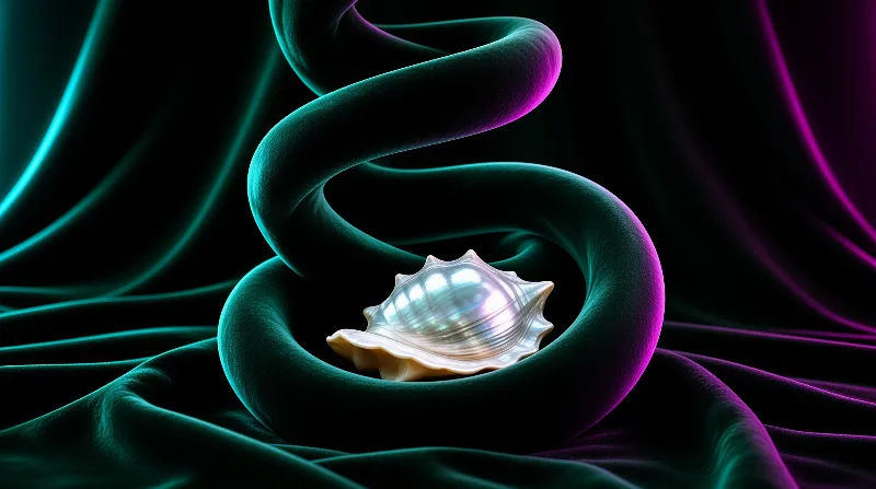 A luminous seashell sits inside a loop of dark green and purple velvet-like fabric glowing with neon light.