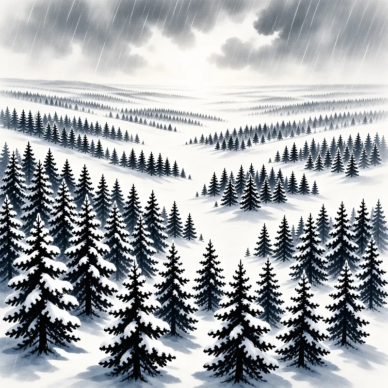 A monochromatic winter scene features snow-laden pine trees on rolling hills beneath a dark, rainy sky with precipitation streaks.