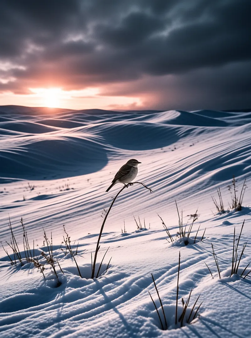 A tiny songbird grips a dry stalk on wind carved snow while pink sunset light fills the dunes behind it