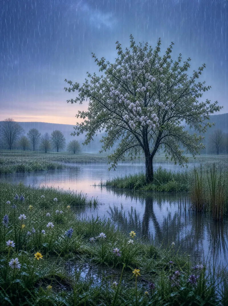 Rainy Blossom Tree by Pond