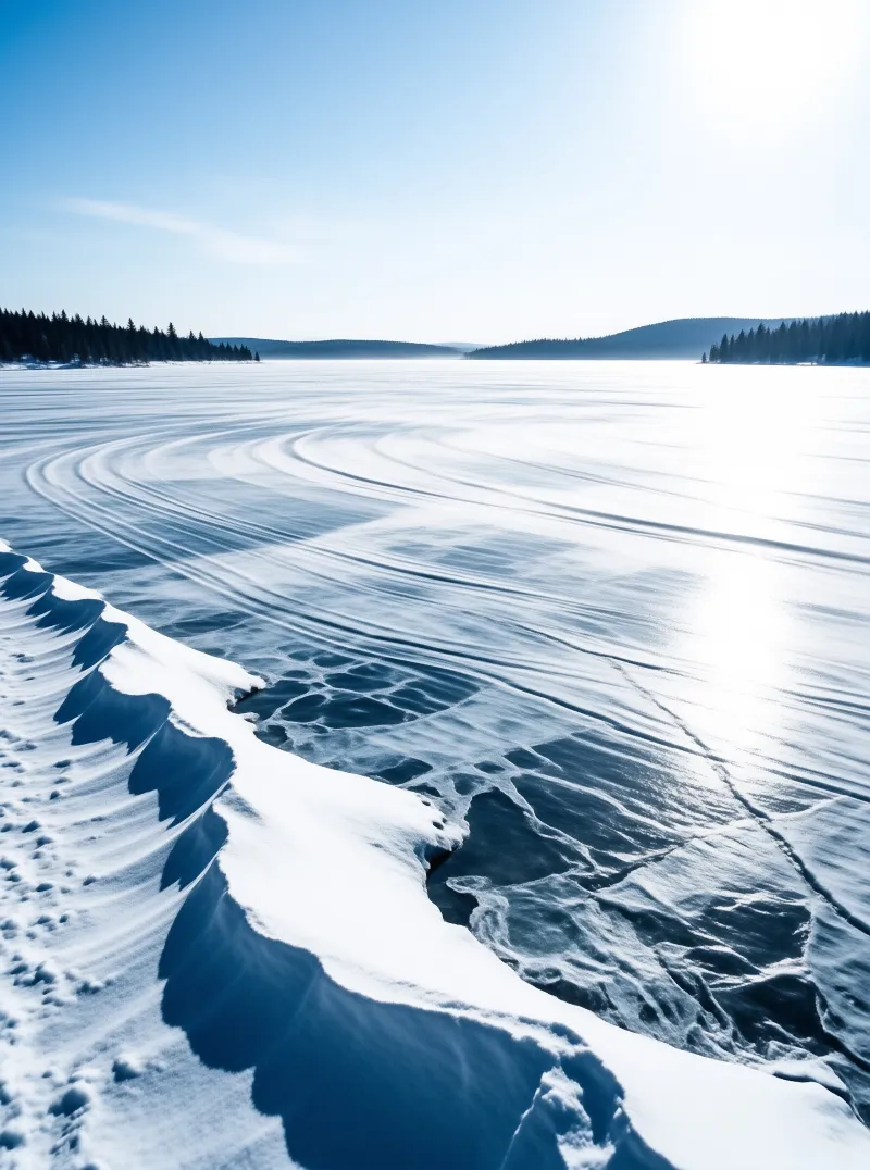 A wide view of a frozen lake featuring wind sculpted snow banks and deep cracks in the ice under a bright sky.