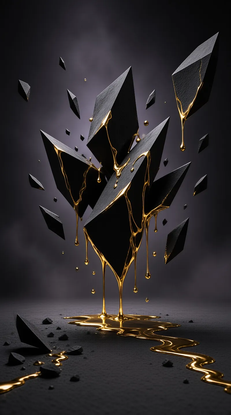 Jagged black crystals hover in mid-air as bright molten gold streams down to collect on the dark ground.