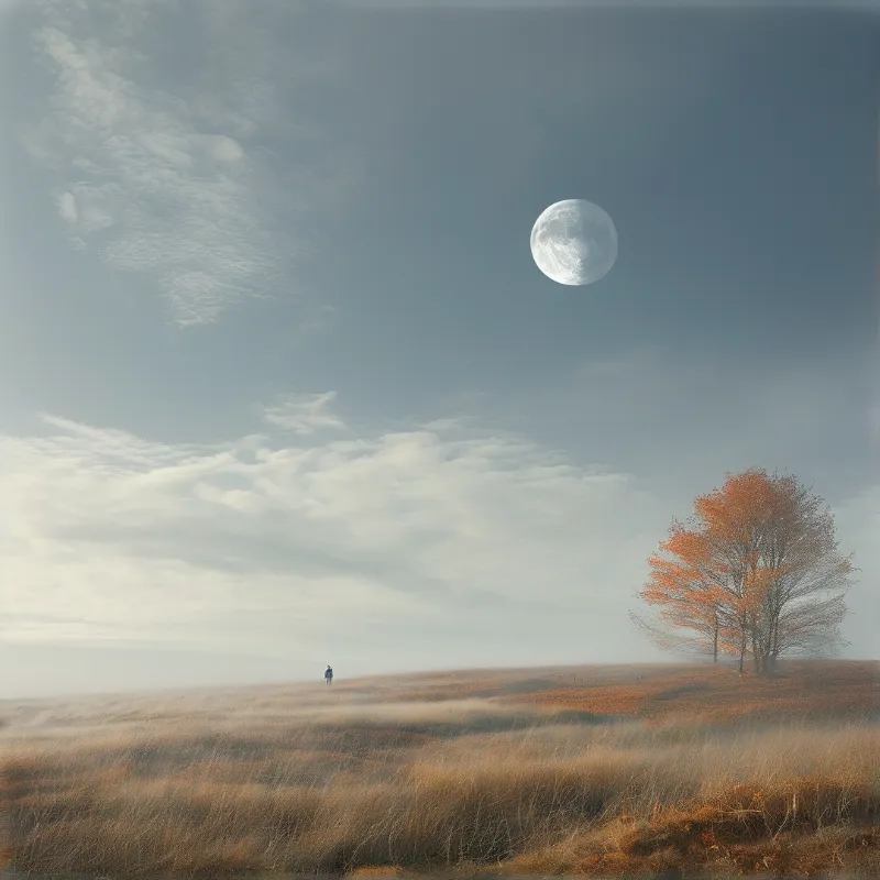 A tiny person walks across a wide dry grassland while a huge bright full moon shines above scattered clouds.