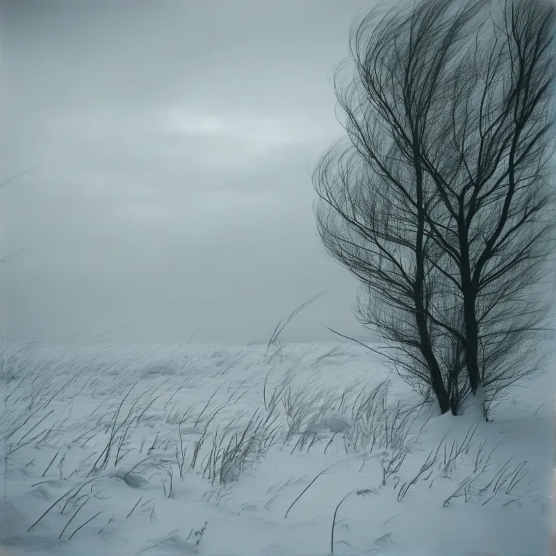 A bare tree stands in a snowy field where wind bends the branches and tall grass leans under a cloudy sky.