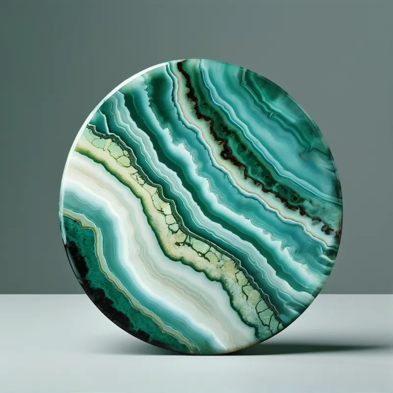Polished stone disc with swirling emerald and white bands resting upright against a neutral grey backdrop.