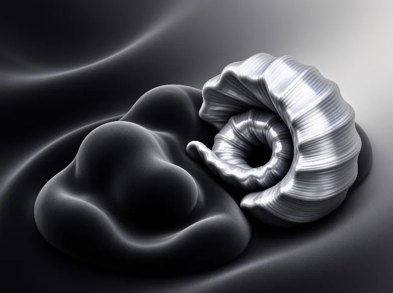 A polished silver ribbed object curls next to a soft dark shape under dim lighting.