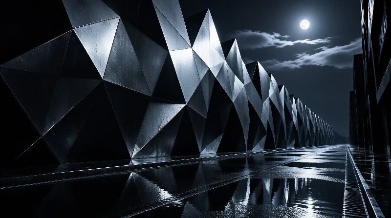 A dark angular metallic wall with triangular panels recedes beside a wet road under a bright full moon