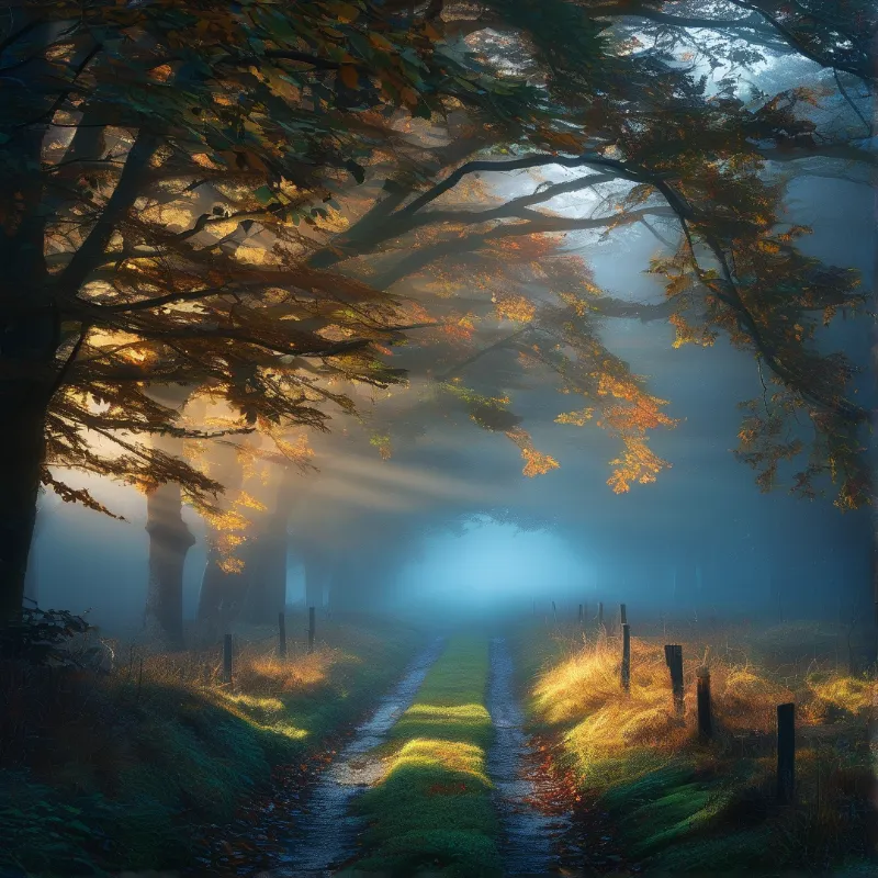 A dirt forest trail runs through foggy autumn woods where warm sunbeams light up orange foliage and dewy grassy paths.