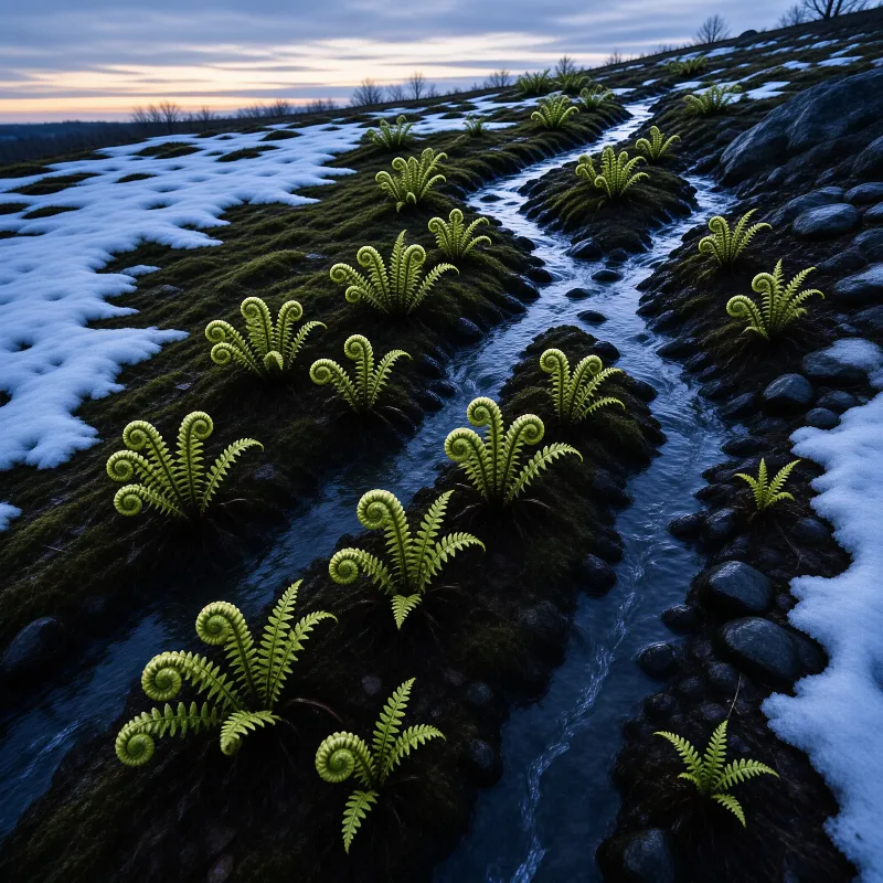 Vibrant ferns line the banks of a dark winding stream that cuts through a mossy landscape dotted with white snow.