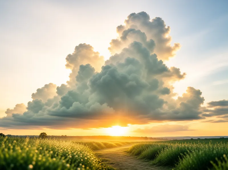 A large cumulus cloud hovers above a dirt path as the sun illuminates the horizon with warm light.