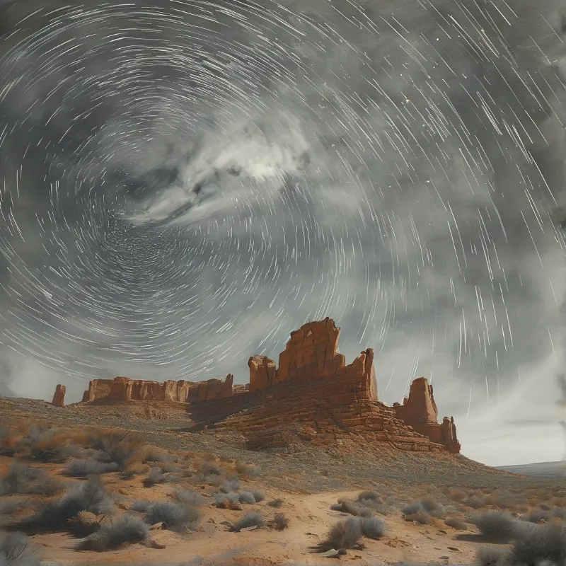 Red rock formations stand tall in a desert landscape beneath a sky filled with swirling star trails and faint clouds.