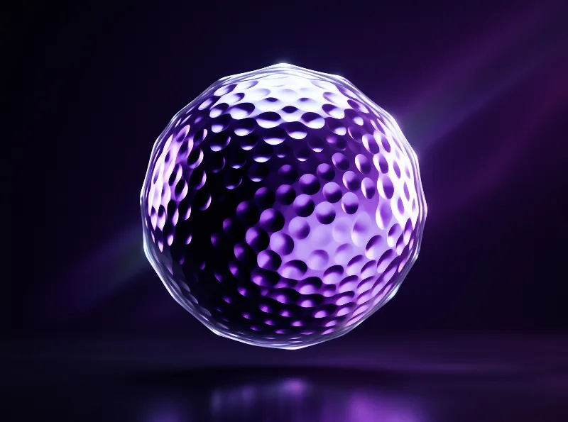 Glossy dimpled golf ball floats against deep purple dark surroundings, upper surface glows with bright sharp highlights.